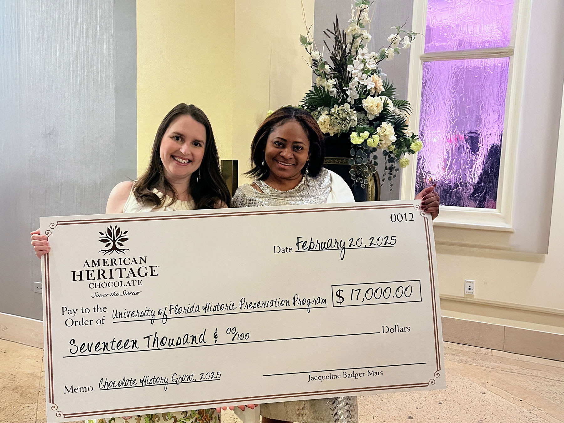 Dr. Clarissa Carr and Anthea Grant, Historic Preservation Masters Student, accept the Forrest E. Mars, Jr. Chocolate History Grant at the annual Heritage Chocolate Society meeting in Washington, D.C. This February.