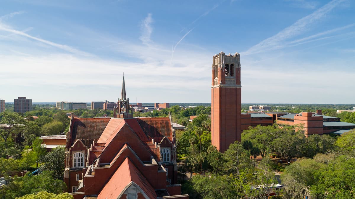 aerial shot of century tower and university auditorium